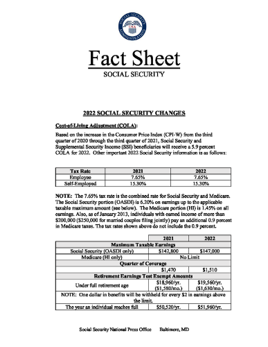 2022 Social Security Changes - COLA Fact Sheet